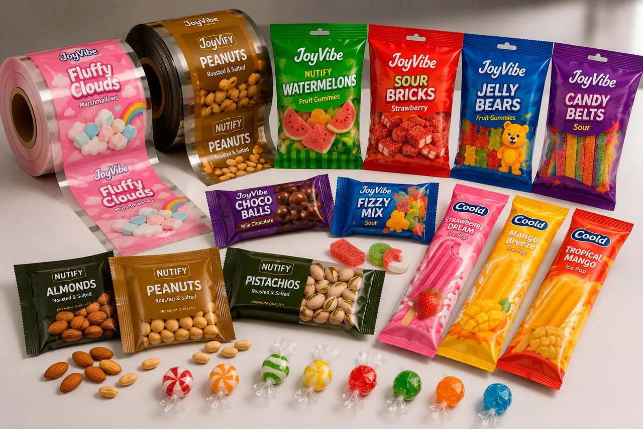 Packaging colorido para golosinas, helados y productos de impulso
